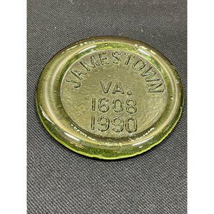 Vintage Jamestown VA Green Glass Souvenir Coaster Paperweight Boat Mayfl…
